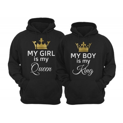 Bluzy dla par zakochanych z kapturem My boy is my King My girl is my Queen unisex
